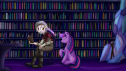 Size: 1920x1080 | Tagged: safe, artist:taggerung, derpibooru import, twilight sparkle, twilight sparkle (alicorn), alicorn, human, alchemy, book, bookshelf, braiding, chair, geralt of rivia, human in equestria, human male, library, male, sword, the witcher, weapon