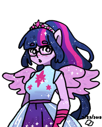 Size: 800x1000 | Tagged: safe, artist:cardavia, derpibooru import, sci-twi, twilight sparkle, better together, equestria girls, forgotten friendship, blushing, clothes, crown, dress, female, glasses, jewelry, looking at you, ponied up, regalia, scitwilicorn, solo