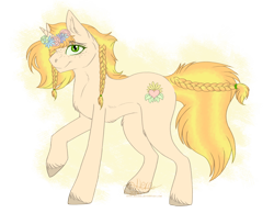 Size: 3113x2417 | Tagged: safe, artist:nerakie, derpibooru import, oc, oc only, oc:caramel flower, pony, unicorn, braid, chest fluff, cutie mark, ear fluff, female, floral head wreath, flower, looking at you, mare, simple background, smiling, solo, transparent background