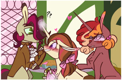 Size: 1024x670 | Tagged: safe, artist:xsketchii-draws, derpibooru import, oc, oc only, oc:florence d'rose, oc:honeycrisp trifle, unicorn, bouquet, clothes, female, magic, mare, offspring, parent:big macintosh, parent:doctor whooves, parent:roseluck, parent:sugar belle, parents:doctorrose, parents:sugarmac