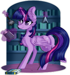 Size: 1077x1148 | Tagged: safe, artist:woonborg, derpibooru import, twilight sparkle, twilight sparkle (alicorn), alicorn, pony, book, bookshelf, duster, female, glowing horn, handkerchief, horn, levitation, library, magic, mare, smiling, solo, telekinesis, wings