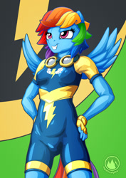 Size: 955x1351 | Tagged: safe, artist:mysticalpha, derpibooru import, rainbow dash, anthro, pegasus, clothes, female, goggles, mare, smiling, solo, uniform, wonderbolts uniform