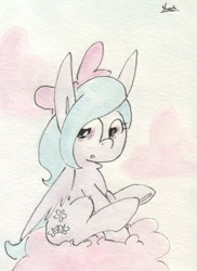 Size: 696x956 | Tagged: safe, artist:slightlyshade, derpibooru import, flitter, pegasus, pony, bow, cloud, female, hair bow, mare, solo, traditional art