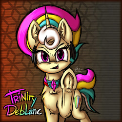 Size: 600x600 | Tagged: safe, artist:calena, derpibooru import, oc, oc only, oc:trinity deblanc, unicorn, them's fightin' herds, community related, confident, ear piercing, earring, female, frog (hoof), hoofbump, jewelry, multicolored mane, piercing, raised hoof, solo, style emulation, underhoof