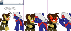 Size: 1808x800 | Tagged: safe, artist:dekomaru, derpibooru import, oc, oc only, oc:danzo, oc:hattori, earth pony, pegasus, pony, ask, blushing, blushing profusely, comic, female, kissing, male, mare, stallion, tumblr, tumblr:ask twixie