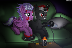 Size: 2218x1498 | Tagged: safe, artist:maxiclouds, derpibooru import, oc, oc only, pegasus, pony, unicorn, alcohol, controller, dark room, duo, gamer, glass, magic, male, pillow, sega, smiling, sofa, stallion, whiskey