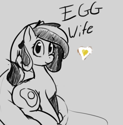 Size: 607x617 | Tagged: safe, artist:storyteller, derpibooru import, oc, oc only, oc:omelette, earth pony, pony, egg, rule 63, sketch, solo