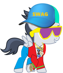 Size: 3120x3608 | Tagged: safe, artist:frownfactory, artist:jawsandgumballfan24, derpibooru import, edit, rumble, pegasus, pony, baseball cap, bling, cap, clothes, colt, gold chains, graffiti, hat, jacket, male, pants, rapper, shirt, simple background, solo, sunglasses, swag, watch, white background