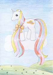 Size: 800x1133 | Tagged: safe, artist:normaleeinsane, derpibooru import, bouquet (g1), pony, unicorn, g1, bow, floating, hair bow, solo, traditional art