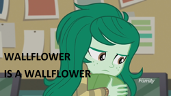 Size: 1280x720 | Tagged: safe, derpibooru import, edit, edited screencap, screencap, wallflower blush, better together, equestria girls, forgotten friendship, captain obvious, discovery family logo, female, looking down, pun, solo, wallflower and plants