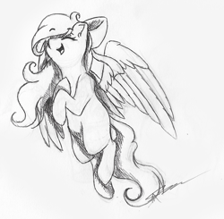 Size: 1024x1002 | Tagged: safe, artist:mindlesssketching, derpibooru import, oc, oc:pastelle song, pegasus, pony, bow, female, hair bow, happy, mare, monochrome, solo, traditional art