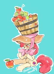 Size: 800x1100 | Tagged: safe, artist:wan, derpibooru import, apple bloom, earth pony, pony, adorabloom, apple, apple basket, basket, blue background, bow, cute, female, filly, food, giant hat, hat, simple background, solo