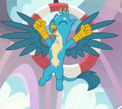 Size: 605x540 | Tagged: safe, derpibooru import, screencap, gallus, griffon, school daze, claws, cropped, cute, eyes closed, gallabetes, happy, majestic, male, paws, smiling, spread wings, wings, yay