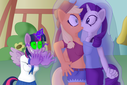 Size: 5243x3495 | Tagged: safe, artist:sergeant16bit, derpibooru import, applejack, rarity, twilight sparkle, twilight sparkle (alicorn), alicorn, anthro, boob squish, breasts, dark magic, female, forced, forced kiss, forced lesbian, grin, kissing, lesbian, magic, magic abuse, now kiss, rarijack, shipper on deck, shipping, smiling, sombra eyes, spread wings, symmetrical docking, twilight the shipper, wingboner, wings