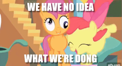 Size: 633x341 | Tagged: safe, derpibooru import, edit, edited screencap, screencap, apple bloom, scootaloo, stare master, derp, i have no idea what i'm doing, image macro, meme, misspelling