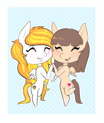 Size: 2038x2407 | Tagged: artist needed, safe, derpibooru import, oc, oc only, oc:honeyblossom, oc:storm shield, anthro, pegasus, cute, duo, duo female, female, simple background