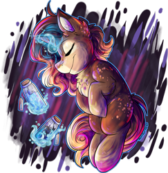 Size: 2155x2219 | Tagged: safe, artist:iroxykun, derpibooru import, oc, oc only, unicorn, bottle, chest fluff, female, magic, simple background, solo, transparent background