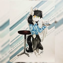 Size: 1440x1440 | Tagged: safe, artist:scootiegp, derpibooru import, oc, oc only, pegasus, pony, apron, clothes, glass, holding, looking at you, male, plate, shirt, signature, simple background, smiling, solo, spread wings, stallion, table, traditional art, water, wings, wood, zoom layer