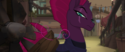 Size: 1920x804 | Tagged: safe, derpibooru import, screencap, tempest shadow, pony, unicorn, my little pony: the movie, armor, broken horn, confident, eye scar, female, hair, implied pinkie pie, klugetown, looking down, mare, mohawk, raised eyebrow, scar, solo, suspicious