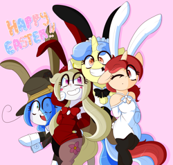 Size: 4000x3800 | Tagged: safe, artist:fullmetalpikmin, derpibooru import, oc, oc:cherry blossom, oc:mal, oc:poppy seed, oc:viewing pleasure, blush sticker, blushing, bunny suit, clothes, easter, holiday, tumblr:ask viewing pleasure