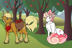 Size: 1024x683 | Tagged: safe, artist:cmgm-gem, derpibooru import, oc, oc only, oc:ginger apple, oc:sprinkle pie, earth pony, pony, unicorn, apple, apple tree, female, food, mare, offspring, parent:applejack, parent:donut joe, parent:pinkie pie, parent:trenderhoof, parents:pinkiejoe, parents:trenderjack, story included, tree, unshorn fetlocks