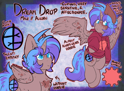 Size: 3047x2232 | Tagged: safe, artist:iroxykun, derpibooru import, oc, oc only, oc:dream drop, alicorn, alicorn oc, chest fluff, clothes, cutie mark, hoodie, horn, male, reference sheet, solo, text, wings