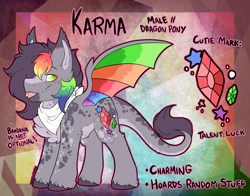 Size: 3129x2455 | Tagged: safe, artist:iroxykun, derpibooru import, oc, oc only, oc:karma, dracony, hybrid, bandana, chest fluff, cutie mark, freckles, male, reference sheet, solo, text, wings