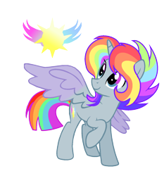 Size: 1176x1264 | Tagged: safe, artist:thesmall-artist, derpibooru import, oc, oc:colour sunwings, alicorn, pegasus, pony, alicorn oc, colored wings, female, mare, rainbow hair, raised hoof, simple background, solo, transparent background