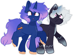 Size: 940x719 | Tagged: safe, artist:cyborgdoctor, derpibooru import, oc, oc only, oc:nebula, oc:paradox glitch, earth pony, pony, unicorn, cutie mark, duo, female, male, simple background, transparent background