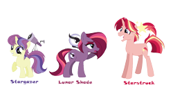 Size: 1234x687 | Tagged: safe, artist:andy-hazards, derpibooru import, oc, oc only, oc:lunar shade, oc:stargazer, oc:starstruck, unicorn, braces, female, filly, offspring, parent:moondancer, parent:star tracker, parents:moontracker, simple background, telescope, transparent background, unicorn oc