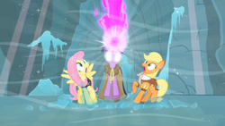 Size: 1280x720 | Tagged: safe, derpibooru import, screencap, applejack, clover the clever, fluttershy, private pansy, smart cookie, twilight sparkle, earth pony, pegasus, pony, unicorn, hearth's warming eve (episode), cloak, clothes, female, ice, magic, mare, scared, snow, trio