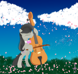 Size: 4861x4628 | Tagged: safe, artist:silversthreads, derpibooru import, octavia melody, earth pony, pony, absurd resolution, bow (instrument), bowtie, cello, cello bow, cherry blossoms, cloud, earth, female, flower, flower blossom, mare, musical instrument