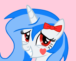 Size: 946x764 | Tagged: safe, artist:gempainter32, derpibooru import, oc, oc only, oc:diamond nella, unicorn, base used, blue mane, bow, bust, cute, female, grin, hair bow, heart, horn, mare, nervous, nervous grin, ocbetes, pink background, red eyes, simple background, smiling, squee