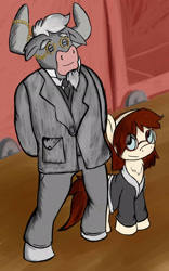 Size: 1277x2048 | Tagged: safe, artist:greenfinger, derpibooru import, oc, oc only, oc:gadgette fabienne giroux, earth pony, minotaur, pony, fanfic:the iron horse: everything's better with robots, business suit, clothes, earth pony oc, fanfic, fanfic art, glasses, headband, looking up, necktie