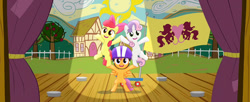 Size: 780x319 | Tagged: safe, derpibooru import, screencap, apple bloom, scootaloo, sweetie belle, earth pony, pegasus, pony, unicorn, flight to the finish, cutie mark crusaders, female, filly, flag, pony pyramid, ponyville flag, scooter, spotlight, stage, sun, trio