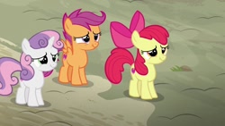 Size: 1280x720 | Tagged: safe, derpibooru import, screencap, apple bloom, scootaloo, sweetie belle, hard to say anything, apple bloom's bow, bow, cute, cutie mark, cutie mark crusaders, grass, hair bow, rock, scrunchy face, shadow, spread wings, the cmc's cutie marks, wings