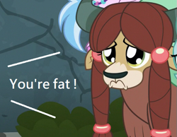 Size: 509x394 | Tagged: safe, derpibooru import, edit, edited screencap, screencap, yona, yak, school daze, abuse, background pony strikes again, downvote bait, fat shaming, frown, op is a cuck, op is trying to start shit, sad, yonabuse