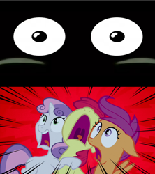 Size: 1280x1440 | Tagged: safe, derpibooru import, edit, edited screencap, screencap, apple bloom, scootaloo, sweetie belle, appleoosa's most wanted, dragon ball z, dragonball z abridged, exploitable meme, meme, mr. popo, team four star, what are the crusaders screaming at