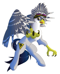 Size: 2200x2692 | Tagged: safe, artist:stec-corduroyroad, derpibooru import, oc, oc:gigawatt, classical hippogriff, hippogriff, blue, claws, cutie mark, flying, goggles, gray, looking at you, male, simple background, smiling, solo, transparent background, wings