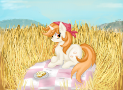 Size: 2617x1911 | Tagged: safe, artist:nightydream, derpibooru import, oc, oc:sweetroll, pony, unicorn, female, field, mare, prone, solo, wheat field