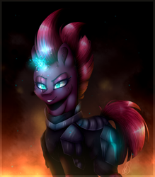 Size: 2410x2750 | Tagged: safe, artist:norica-official, derpibooru import, tempest shadow, pony, unicorn, my little pony: the movie, armor, broken horn, eye scar, female, fire, grin, mare, scar, smiling, solo, sparking horn