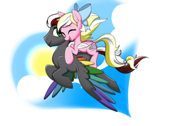 Size: 2100x1500 | Tagged: safe, artist:crazyazzy180, derpibooru import, oc, oc only, oc:bay breeze, oc:mahx, pegasus, pony, bahx, bandage, cloud, couple, cute, eyes closed, female, flying, happy, injured wing, male, oc x oc, piggyback ride, shipping, smiling, straight, sun