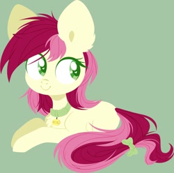Size: 2174x2160 | Tagged: safe, artist:belka-sempai, derpibooru import, roseluck, earth pony, pony, bow, chest fluff, collar, cute, digital art, ear fluff, female, fluffy, green background, heart eyes, hooves, lineless, looking sideways, lying, lying down, mare, missing cutie mark, pet tag, pony pet, prone, rosepet, simple background, smiling, solo, tail bow, wingding eyes