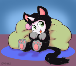 Size: 1000x867 | Tagged: safe, artist:empyu, derpibooru import, sweetie belle, cat, pony, unicorn, animal costume, beanbag chair, behaving like a cat, black cat, cat costume, clothes, costume, cute, diasweetes, female, filly, horn, leaning back, sitting, solo, weapons-grade cute
