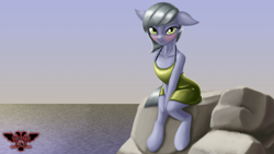 Size: 3840x2160 | Tagged: safe, alternate version, artist:tsaritsaluna, derpibooru import, limestone pie, earth pony, semi-anthro, blushing, clothes, dress, female, floppy ears, looking at you, mare, ocean, rock, signature, sitting, solo, water