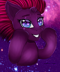 Size: 1464x1738 | Tagged: safe, artist:learicchan, derpibooru import, fizzlepop berrytwist, tempest shadow, unicorn, my little pony: the movie, broken horn, eye scar, happy, nebula, pretty pretty tempest, scar, smiling, solo, space, stars