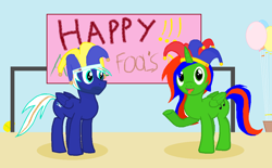 Size: 1088x676 | Tagged: safe, artist:lukington17, derpibooru exclusive, derpibooru import, oc, oc only, oc:christian clefnote, oc:electric blue, alicorn, pegasus, pony, alicorn oc, april fools, balloon, british, easter egg, english, facial hair, hat, holiday, jester, sign, silly, silly pony, spanish, tongue out