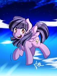 Size: 3000x4000 | Tagged: safe, artist:acharmingpony, derpibooru import, oc, oc only, oc:sameeky, pegasus, pony, cloud, female, flying, high res, looking at you, mare, open mouth, signature, sky, solo