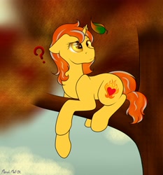 Size: 3280x3516 | Tagged: safe, artist:marsh-mal-oh, derpibooru import, oc, oc only, oc:cinderheart, pony, unicorn, autumn, female, floppy ears, golden eyes, high res, leaf, mare, question mark, simple background, sitting, solo, tree, tree branch, ych result