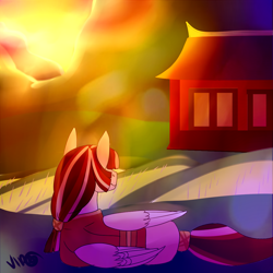 Size: 1000x1000 | Tagged: safe, artist:nessiewolfmod, derpibooru import, oc, oc:nanako, pegasus, pony, clothes, evening, farm, female, food, house, kimono (clothing), rice, solo, sunset, water